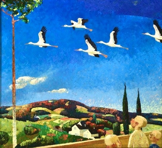 28.Cranes fly,Летят Журавли,65х70cm,canvas,oil,Riga,2011,Nugzar Kahiani