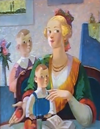87. Lady, child and books | Леди, дитя и книги, canvas, oil, Nugzar Kahiani